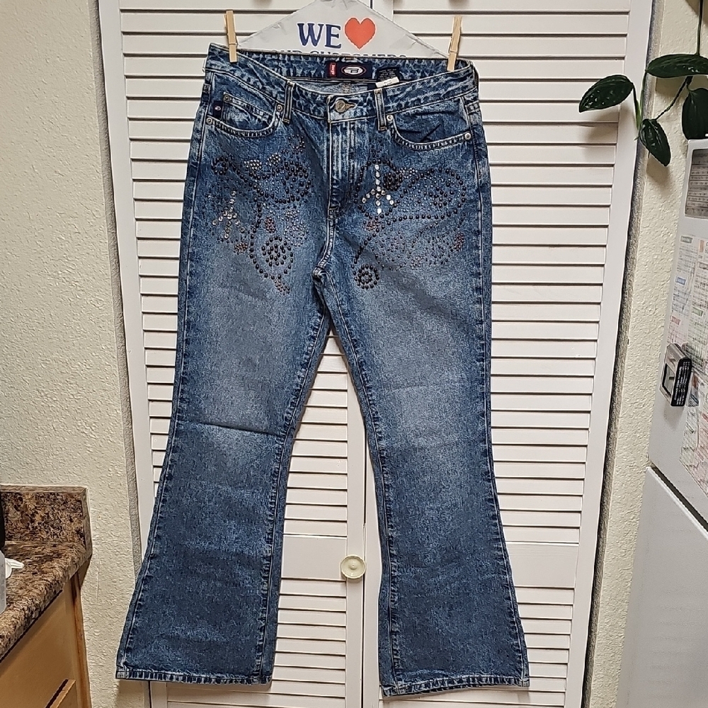 EUC Vintage Y2K BONGO Medium Wash Embellished Flare Leg Jeans Sz 9